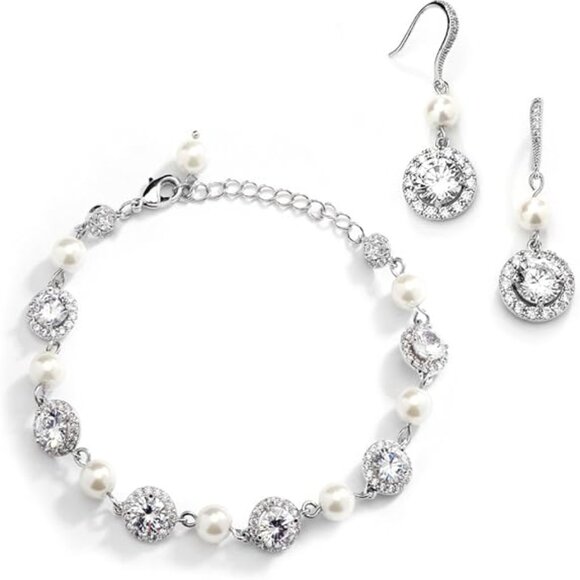 Ivory Pearl & Round CZ Bridal Bracelet & Earrings Set Wedding Jewelry Sets - Picture 1 of 6